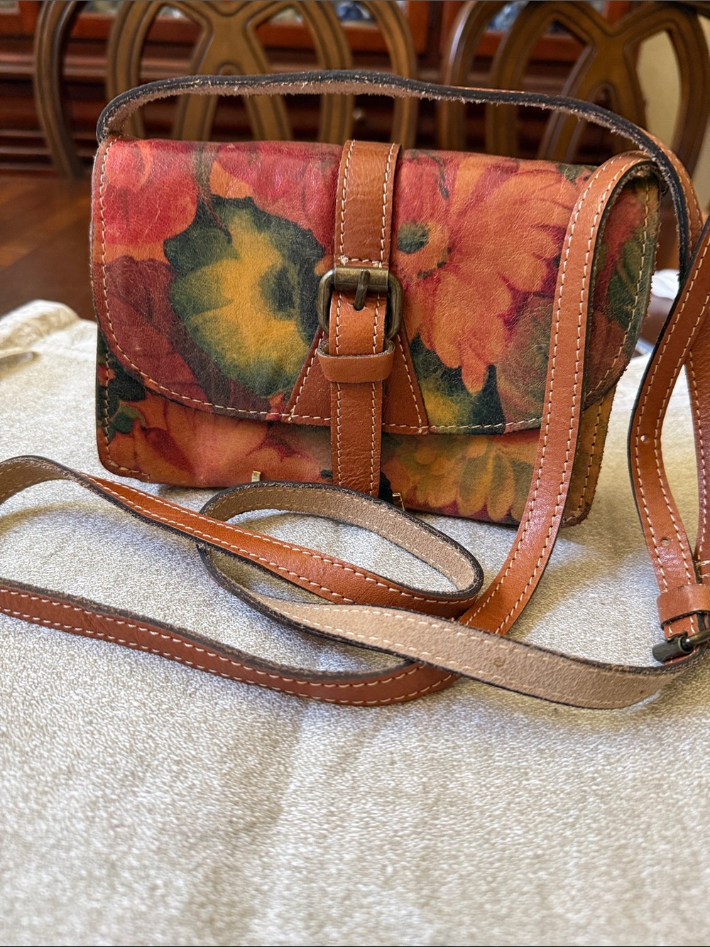 Patricia Nash Floral Italian Leather Crossbody small Bag in Brown and Orange
